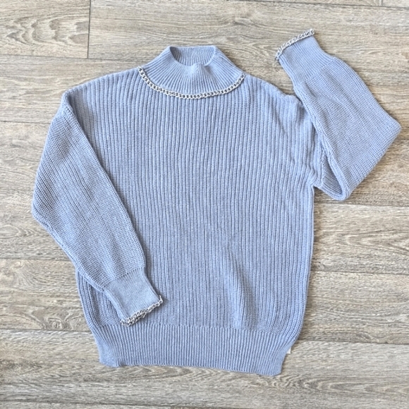Missguided Powder Blue Mock Neck Knit Sweater with Chain Link Trim - Picture 2 of 13
